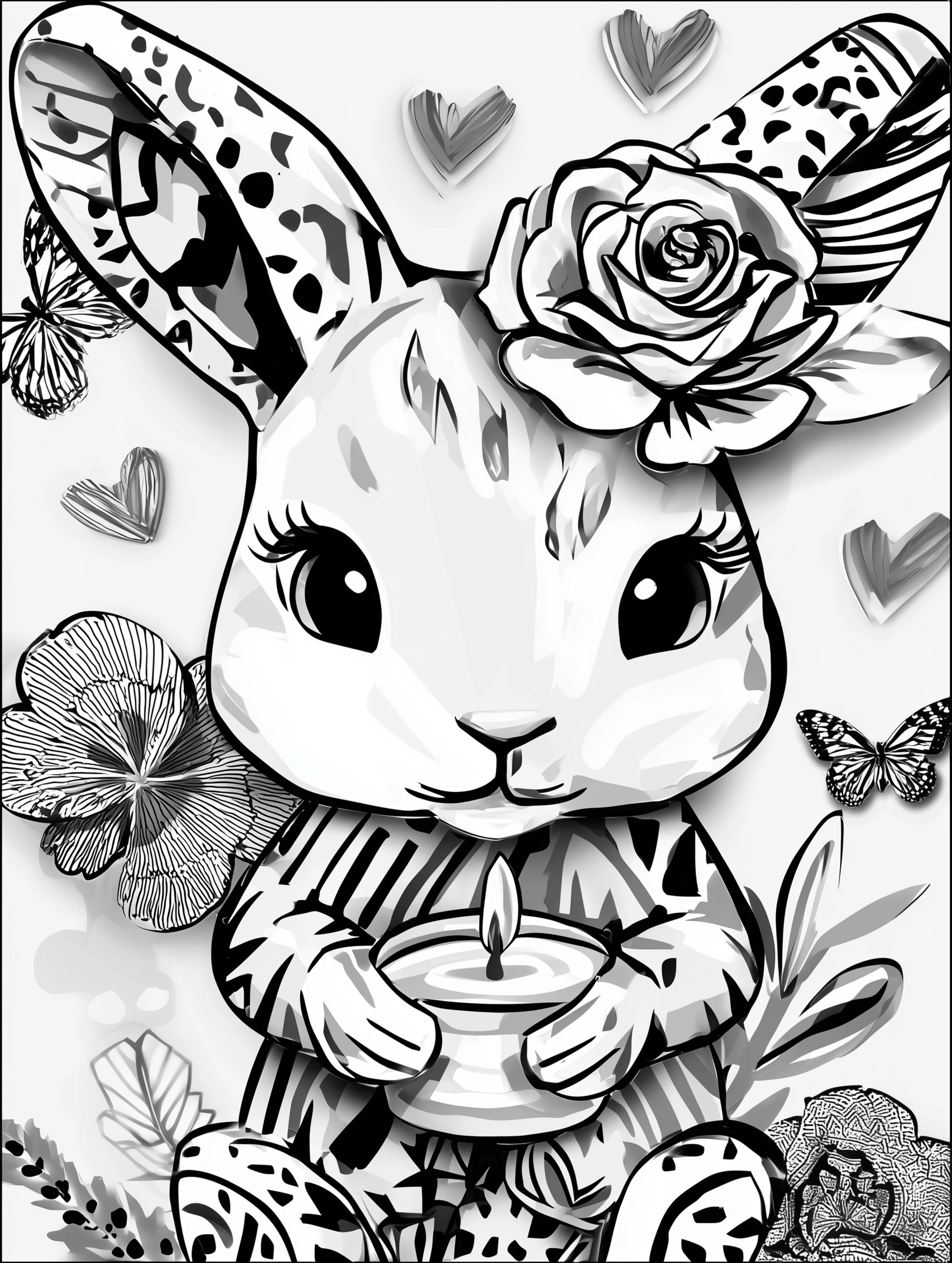 Free printable rabbit coloring page for adults featuring a bunny holding a candle
